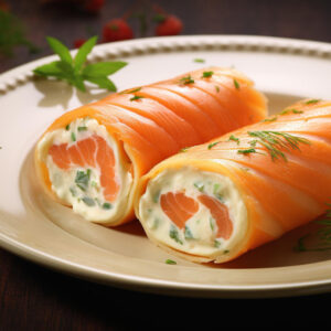 Tongrolletjes met zalmmousse en fijne groenten, witte wijnsaus